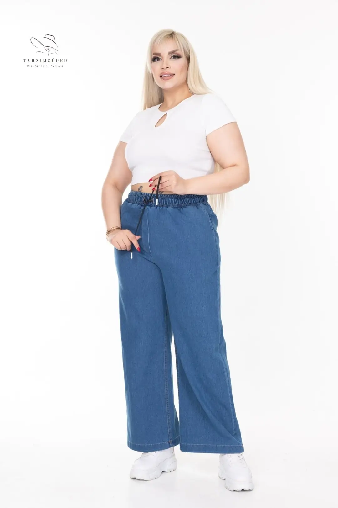 Büyük Beden Beli Lastikli Konfor Modeli Bol Paça Yüksek Belli Yumuşak Doku Jeans Kot Pantolon