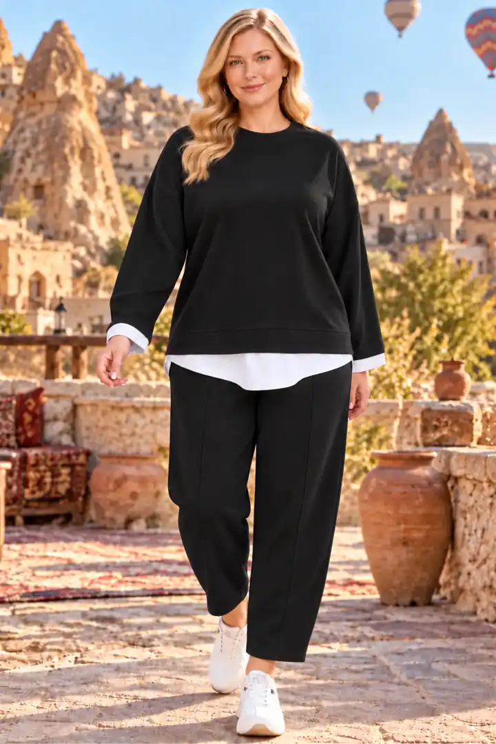 Büyük Beden Beyaz Gömlek Detaylı Sweatshirt Pantolon Takım - Siyah
