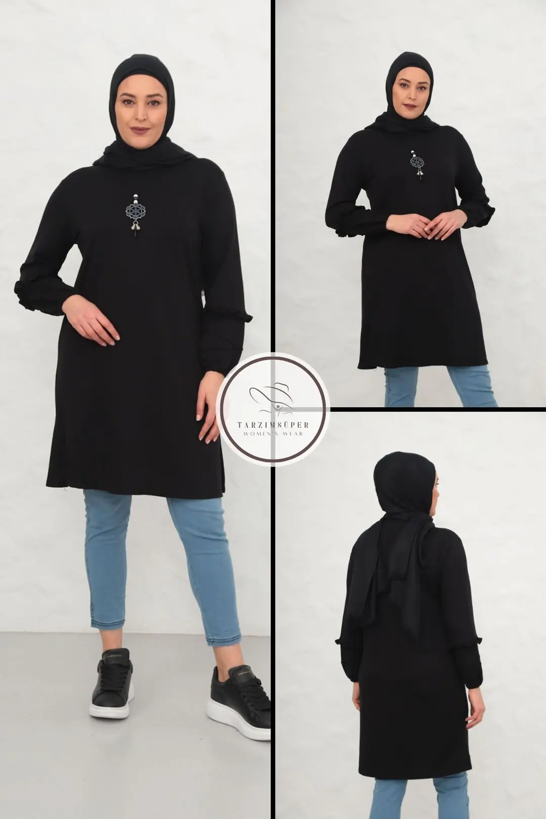 Büyük Beden Kolye Hediyeli Tesettür Tunik Esnek Kumaş Fırfırlı Beli Yırtmaçlı Konfor Modeli Tunik