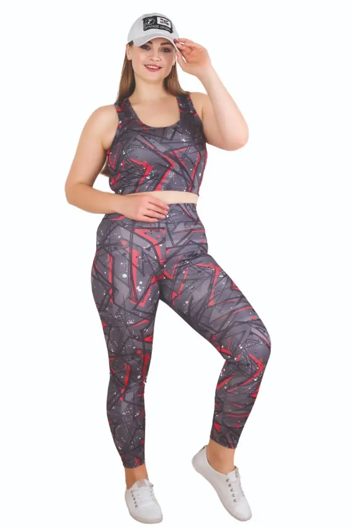 Kadın Büyük Beden Yüksek Bel Tayt Ve Kalın Askılı Balensiz Crop Top Büstiyer 2'li Takım - Kırmızı