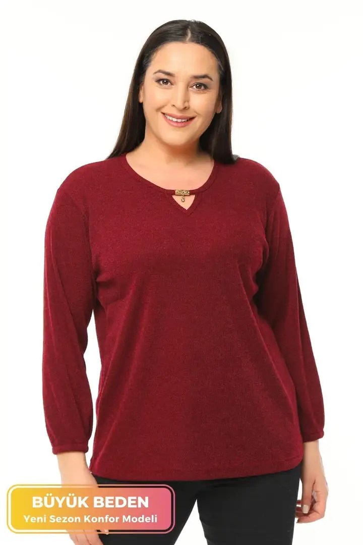 Büyük Beden Kadın Bordo Yaka Detaylı Yumuşak Triko Bluz  Kolu Lastikli Plus Size