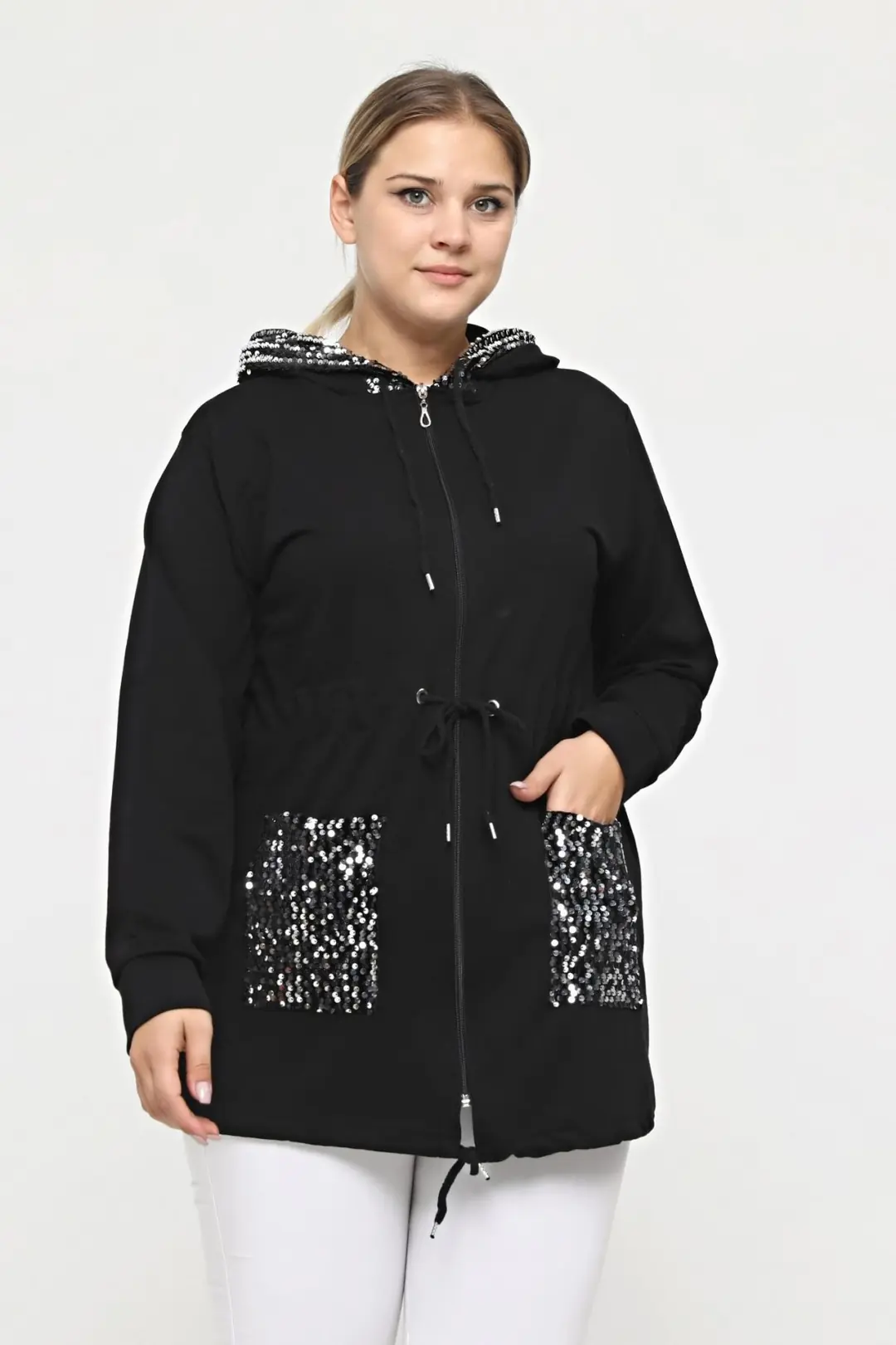 Büyük Beden Siyah Kapüşonlu Parlak Pul Detaylı Fermuarlı Sweatshirt  Cepli & Rahat Kalıp