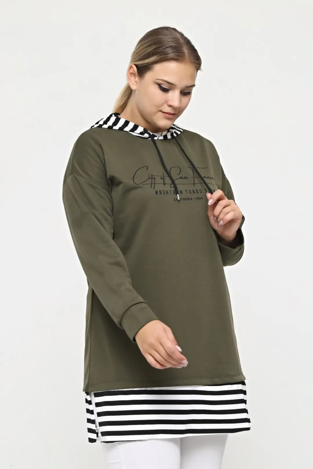 Büyük Beden %100 Pamuklu Baharlık Yanı Yırtmaçlı Konfor Modeli Çizgi Detaylı Kapüşonlu Sweatshirt