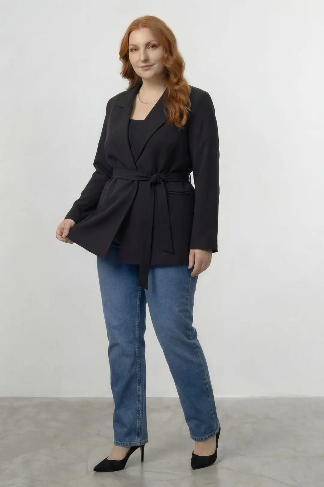 Premium Seri Kadın Büyük Beden Oversize Kuşaklı Blazer Ceket Siyah – Astarlı Şık Model