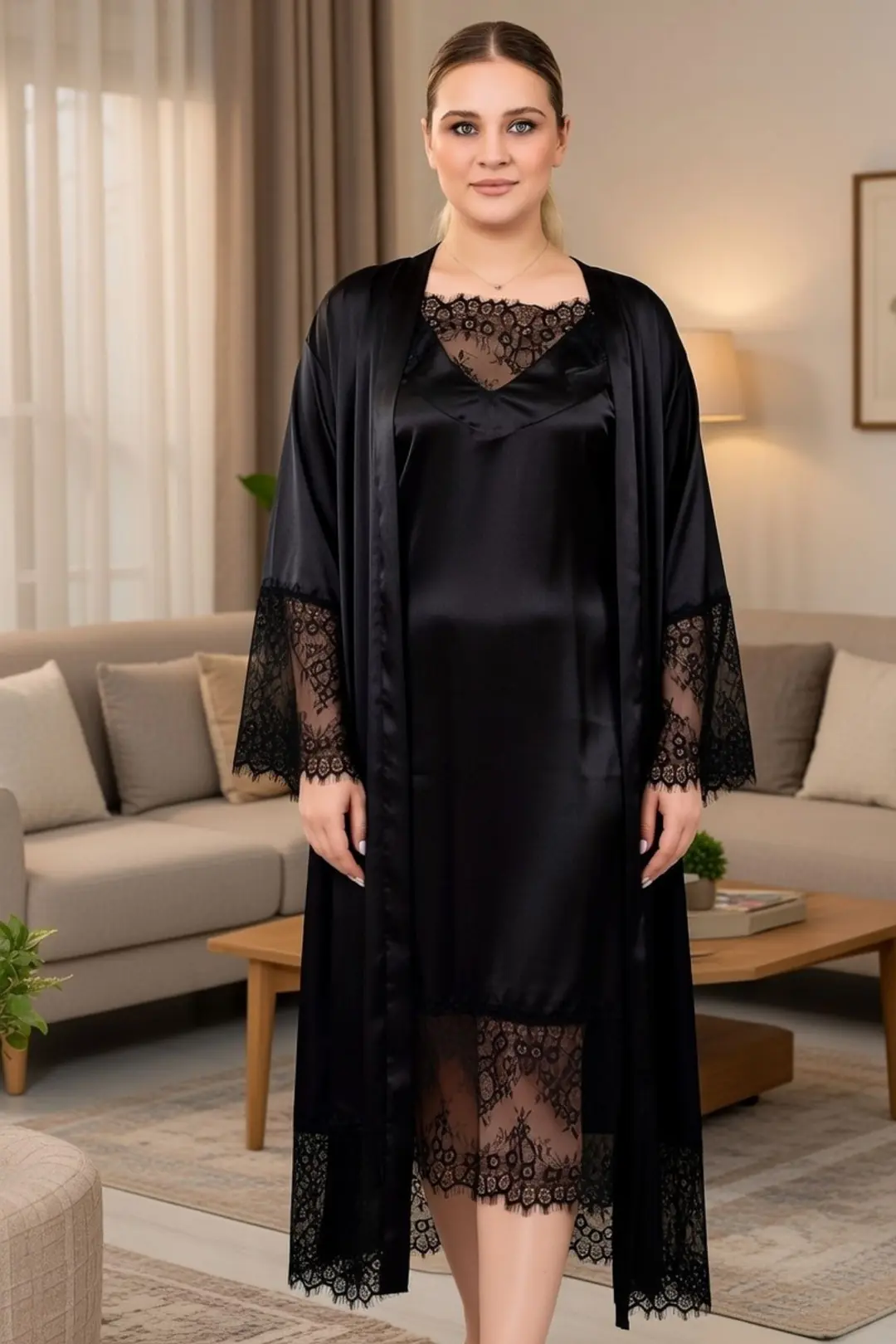Büyük Beden Dantelli Uzun Saten Gecelik Sabahlık Seti – Premium Seri