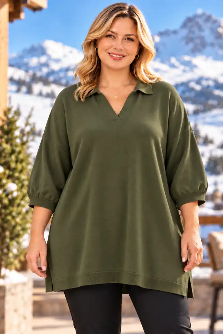 Büyük Beden Polo Yaka Oversize %100 Pamuklu İnce Triko Bluz - Haki