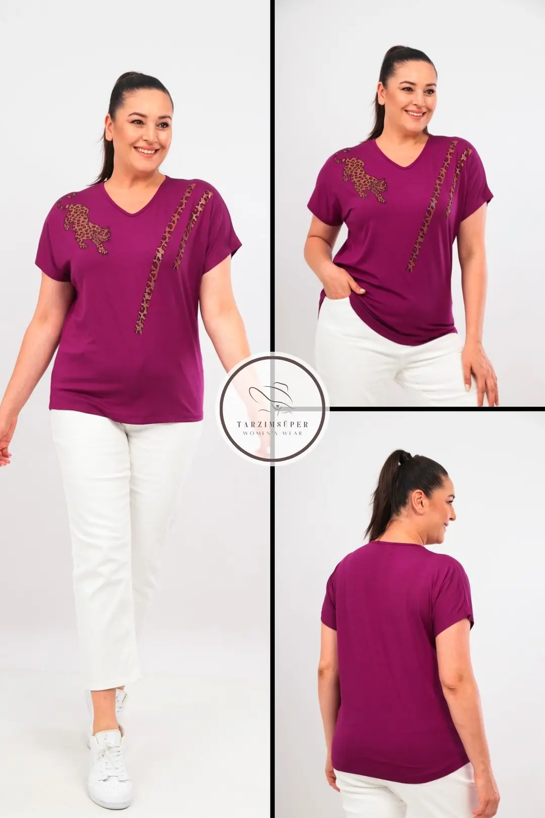 Büyük Beden Şerit Pul Desenli Kısa Kollu V Yaka Penye Tunik T-Shirt - Rahat Konfor Modeli