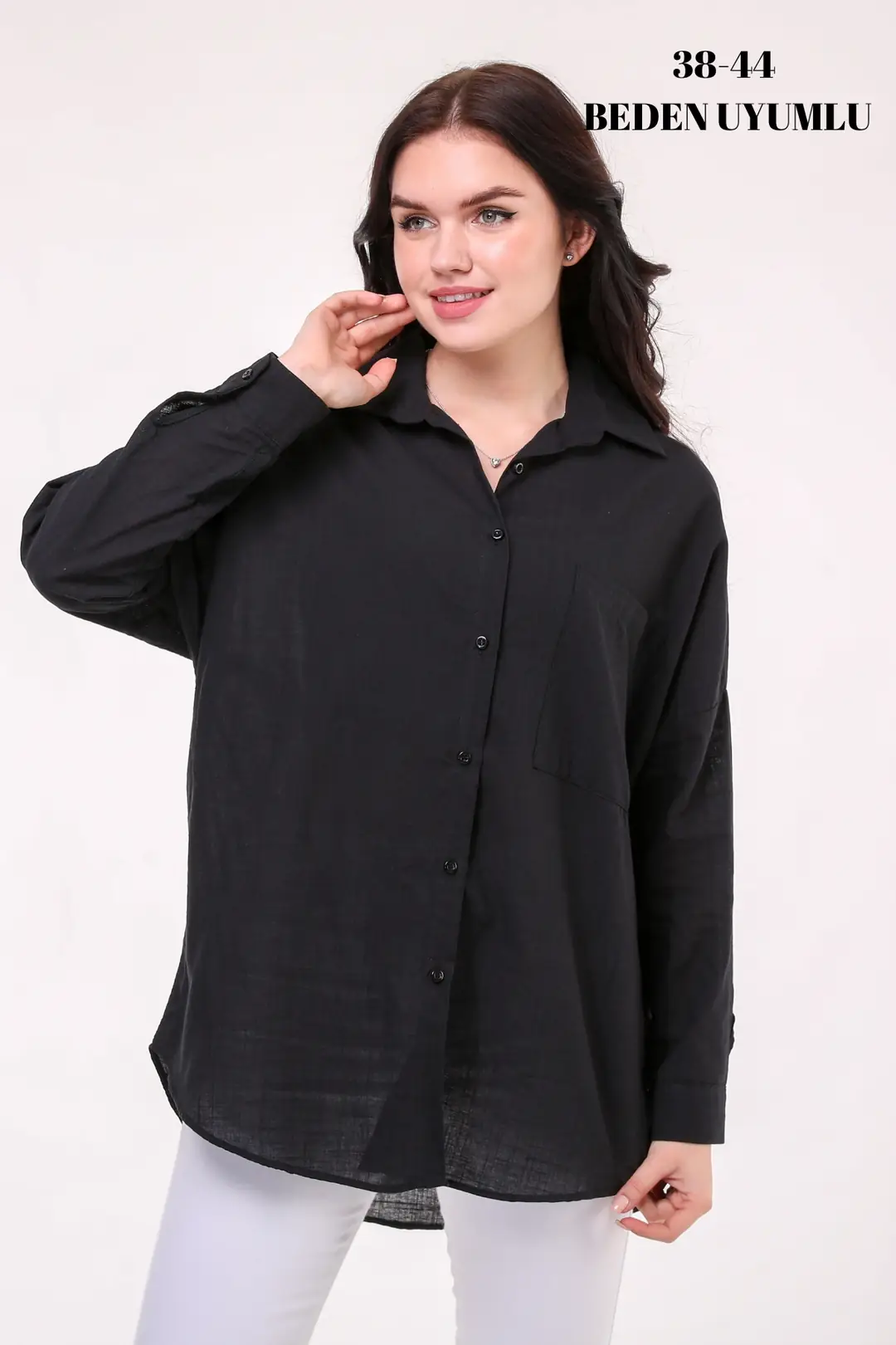 Kadın Oversize Yeni Sezon Konfor Modeli Cepli Keten 4 Mevsim Geniş Kalıp Uzun Kollu Düz Gömlek