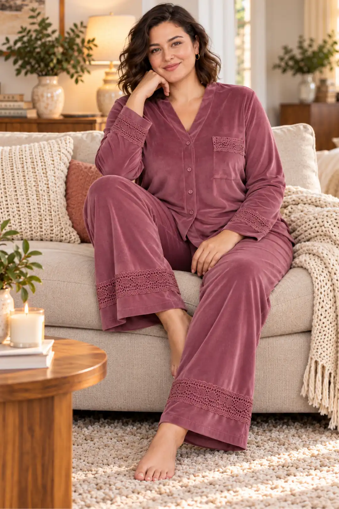 Kadın Büyük Beden Dantel Detaylı Şık ve Rahat  Kadife Pijama Takımı