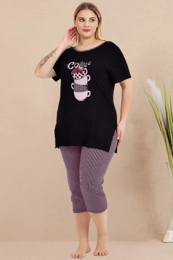  Büyük Beden Beli Lastikli Konfor Modeli Viskon Pamuklu Kadın Kapri Pijama Takım - Pembe Çizgili