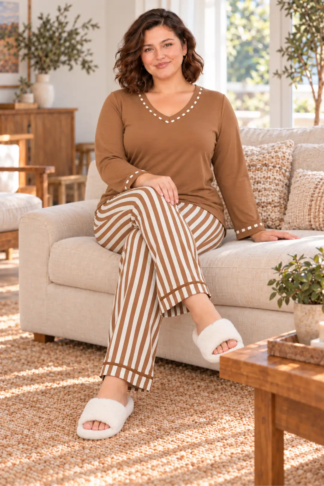Büyük Beden Desenli Uzun Kollu Pijama Takımı
