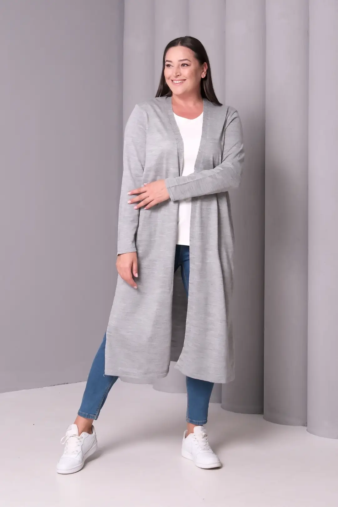 Kadın Büyük Beden Gri Oversize Yumuşak Dokulu Tesettür Hırka Standart