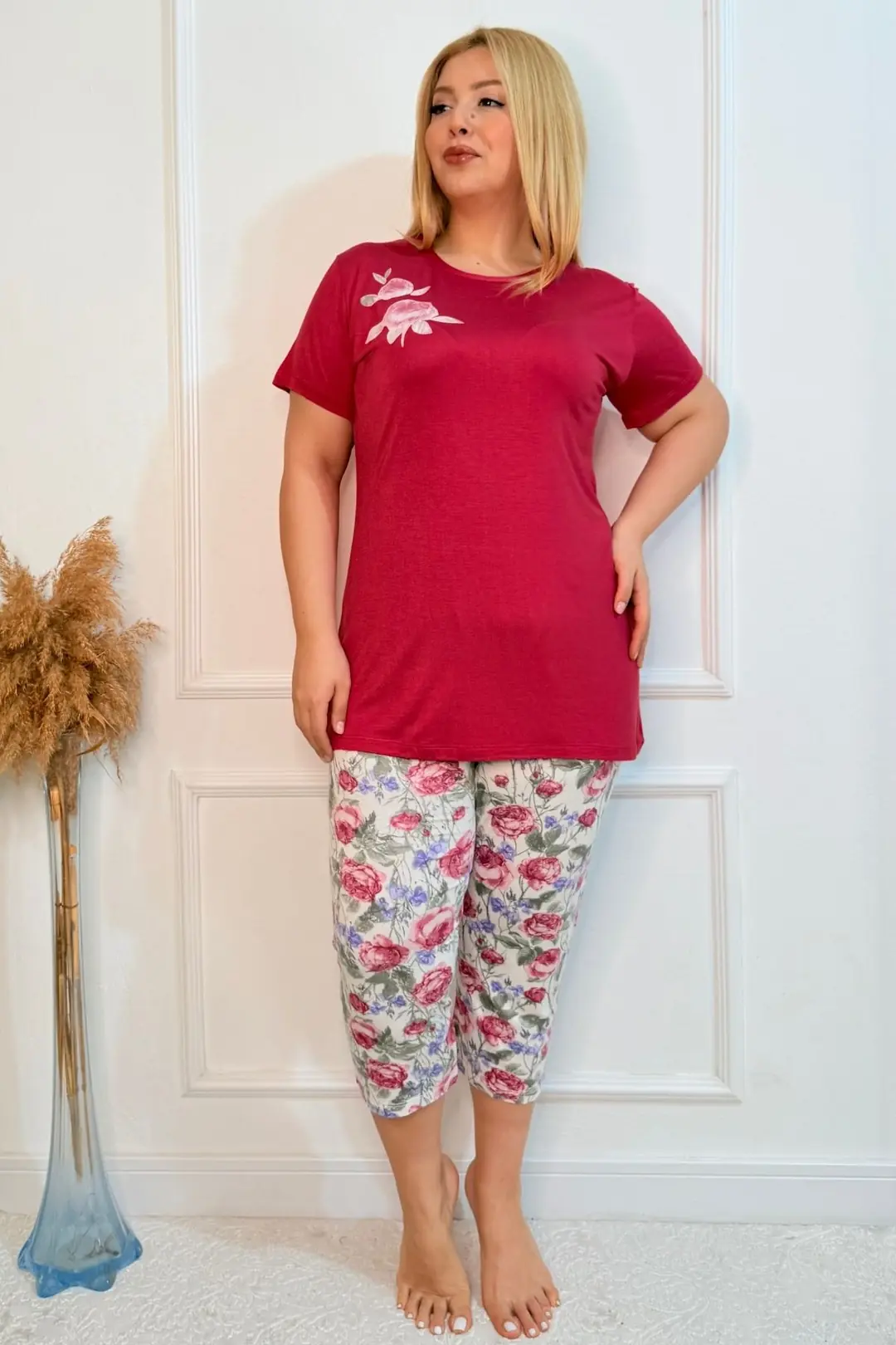  Büyük Beden Beli Lastikli Konfor Modeli Viskon Pamuklu Kadın Kapri Pijama Takım