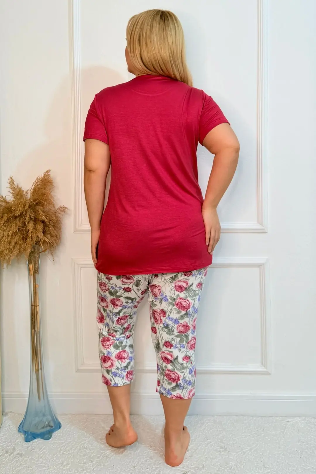  Büyük Beden Beli Lastikli Konfor Modeli Viskon Pamuklu Kadın Kapri Pijama Takım