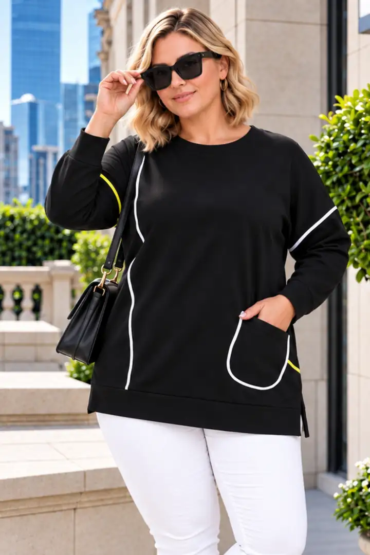 Büyük Beden Pamuklu Şerit Detaylı Cepli Oversize Sweatshirt 44-52 Beden - SİYAH