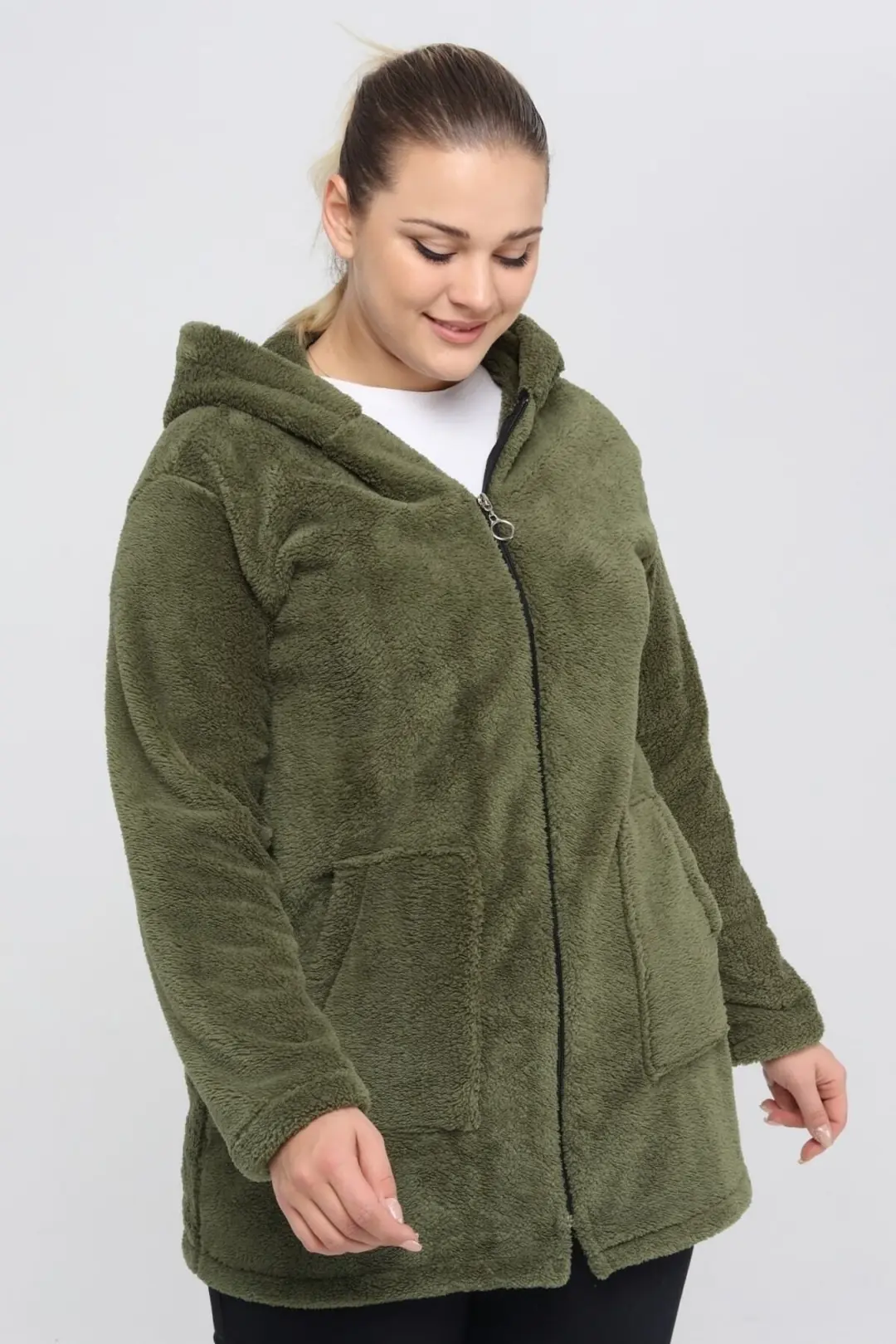 Büyük Beden Sıcak Tutan Peluş Sweat Fermuarlı Kapüşonlu 2 Cepli Örme Peluş Polar Sweatshirt