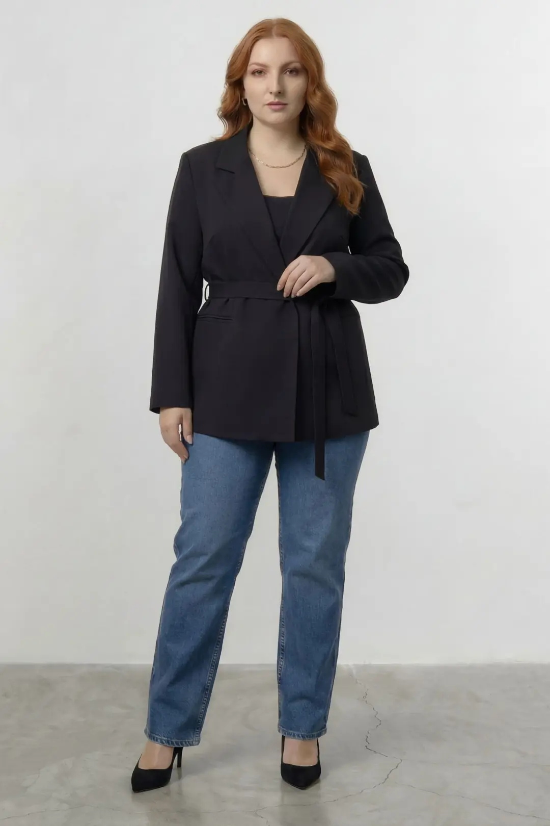Premium Seri Kadın Büyük Beden Oversize Kuşaklı Blazer Ceket Siyah – Astarlı Şık Model