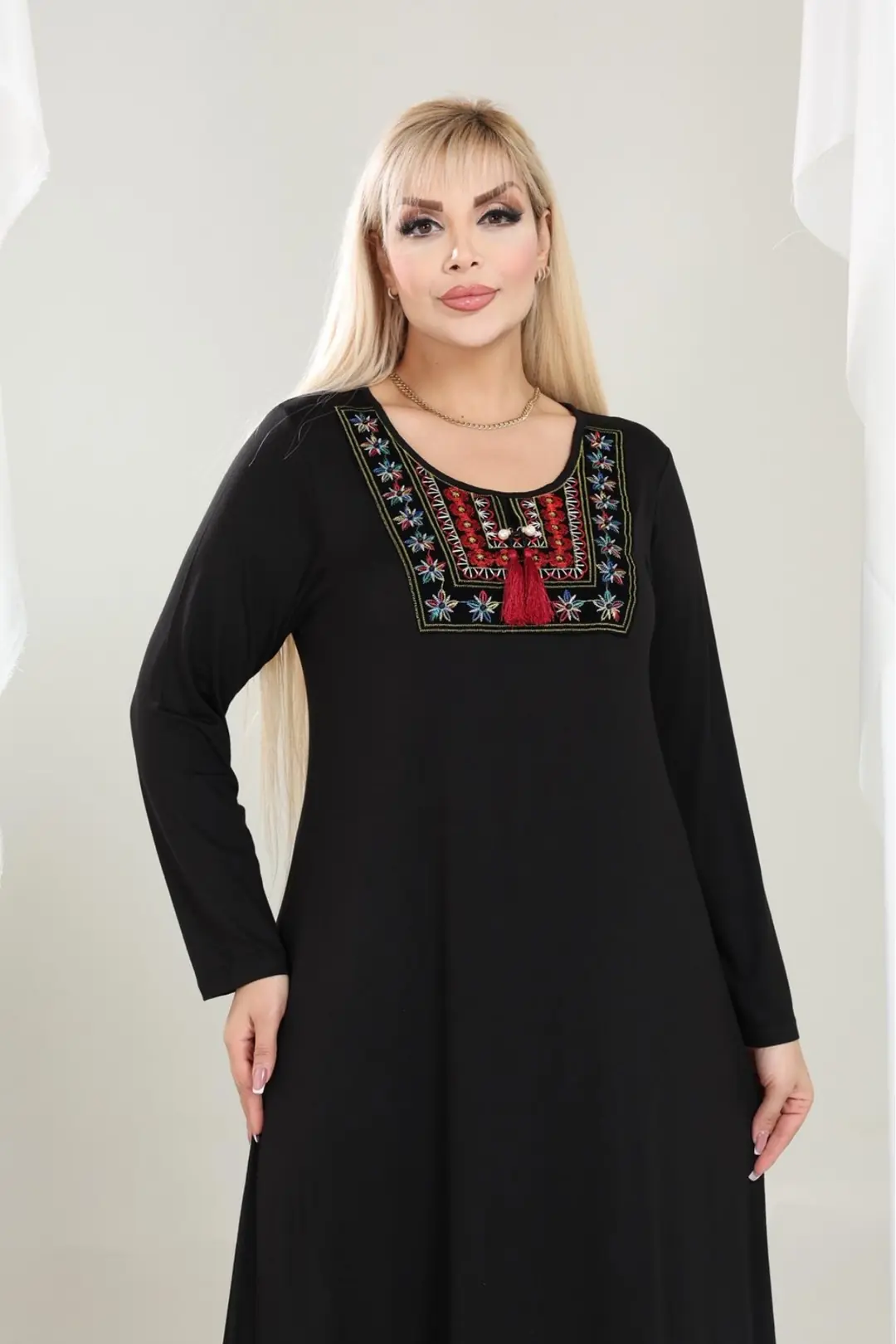 Şık Otantik Desenli Kadın Büyük Beden Elbise  Uzun Kollu Rahat Model 44-50 Beden