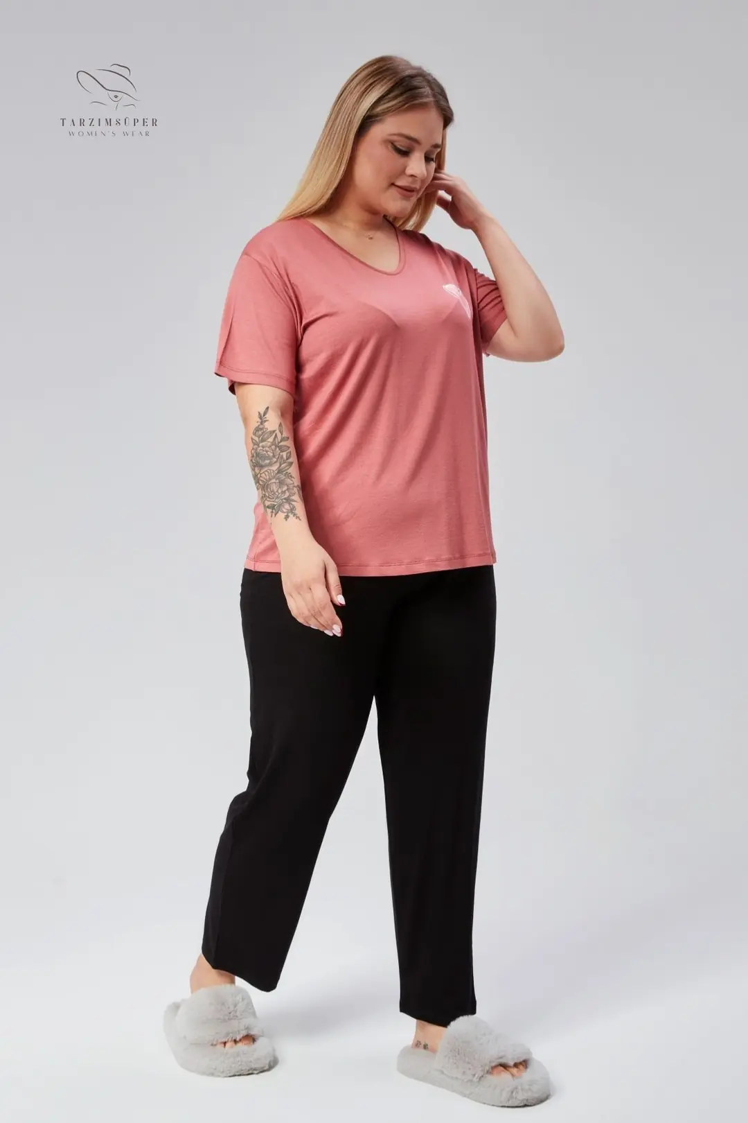Büyük Beden  Lüks Pijama Takımı Beli Lastikli Konfor Modeli Viskon Pamuklu Kadın Pijama Takım