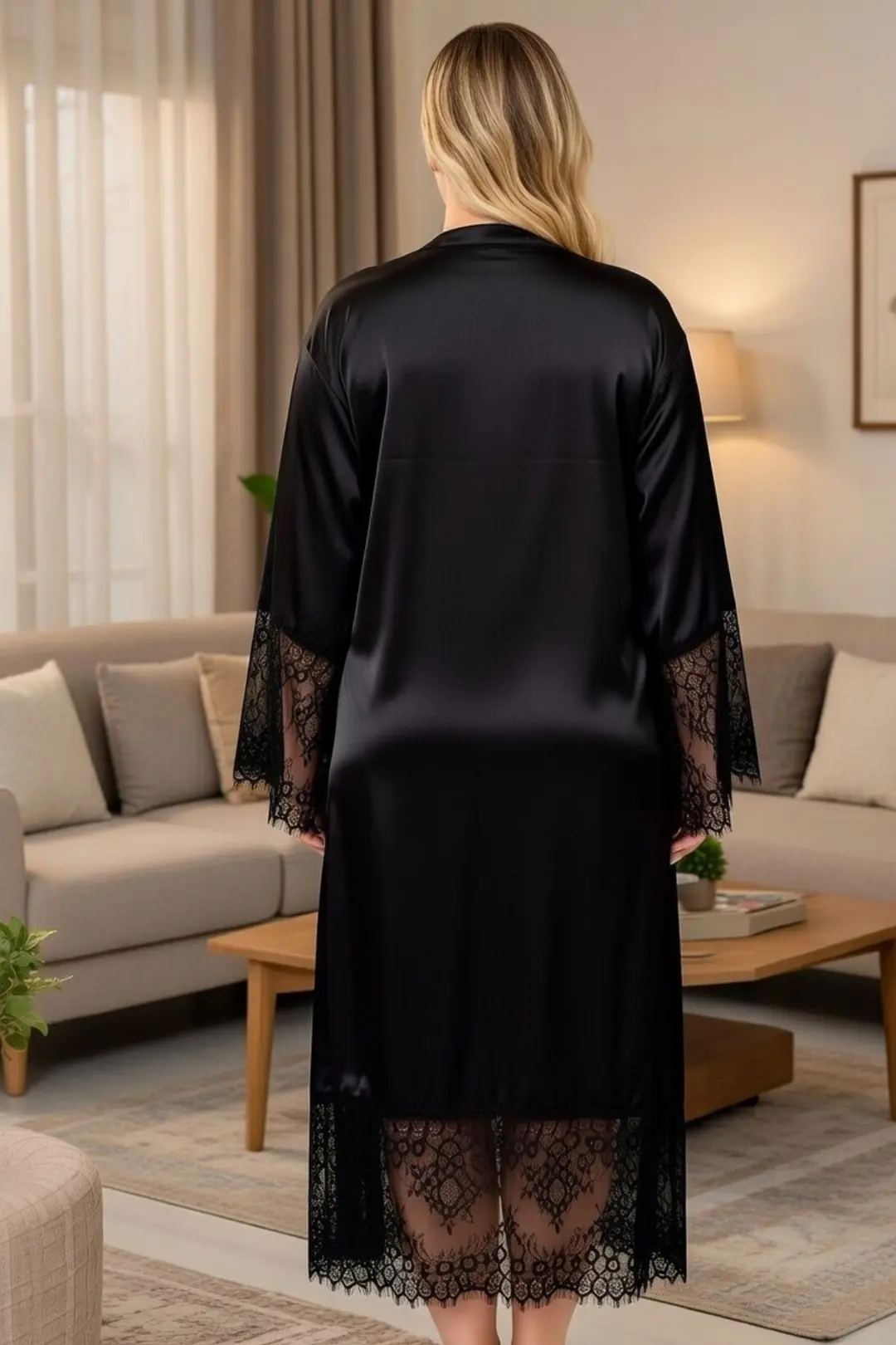 Büyük Beden Dantelli Uzun Saten Gecelik Sabahlık Seti – Premium Seri