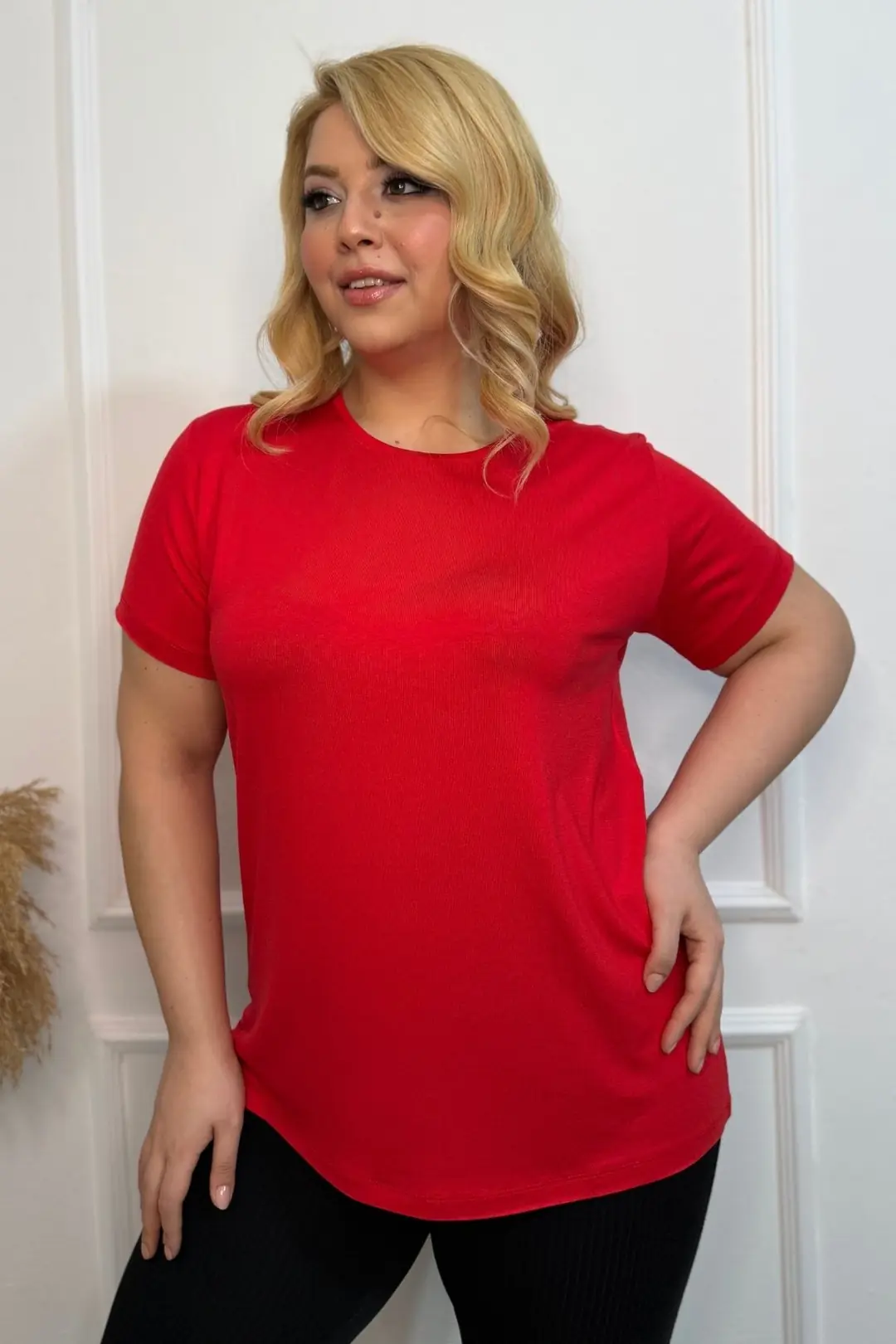 Büyük Beden Bisiklet Yaka Kısa Kollu Penye Tunik T-Shirt - Konfor Modeli
