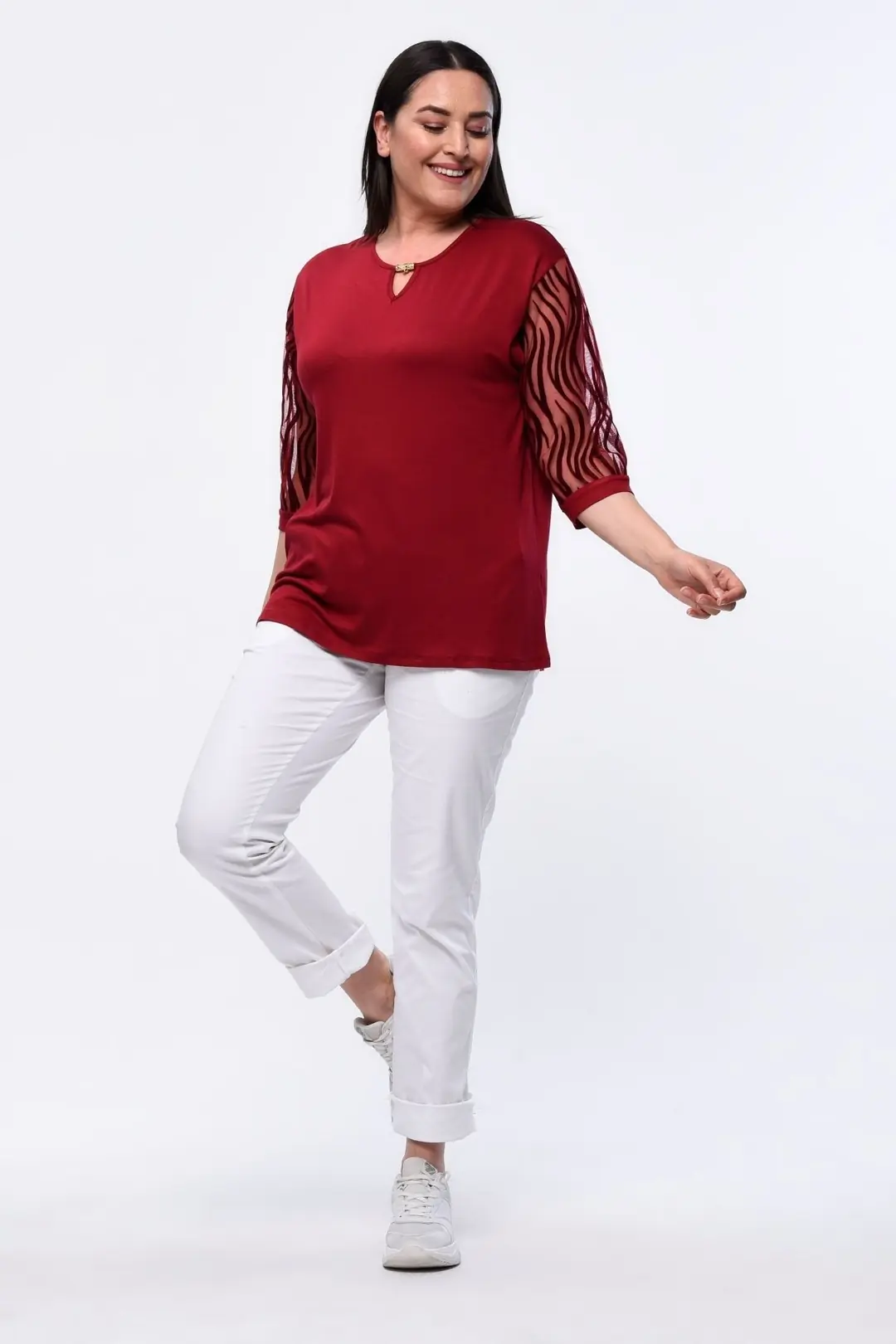 Büyük Beden Kadın Dantelli Kısa Kollu Abiye Model Bluz  4 Mevsim Tül Detaylı Plus Size