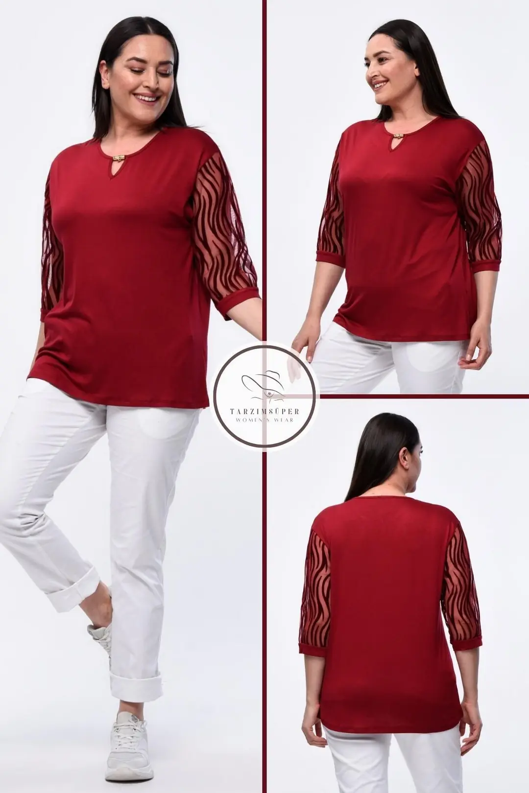 Büyük Beden Kadın Dantelli Kısa Kollu Abiye Model Bluz  4 Mevsim Tül Detaylı Plus Size