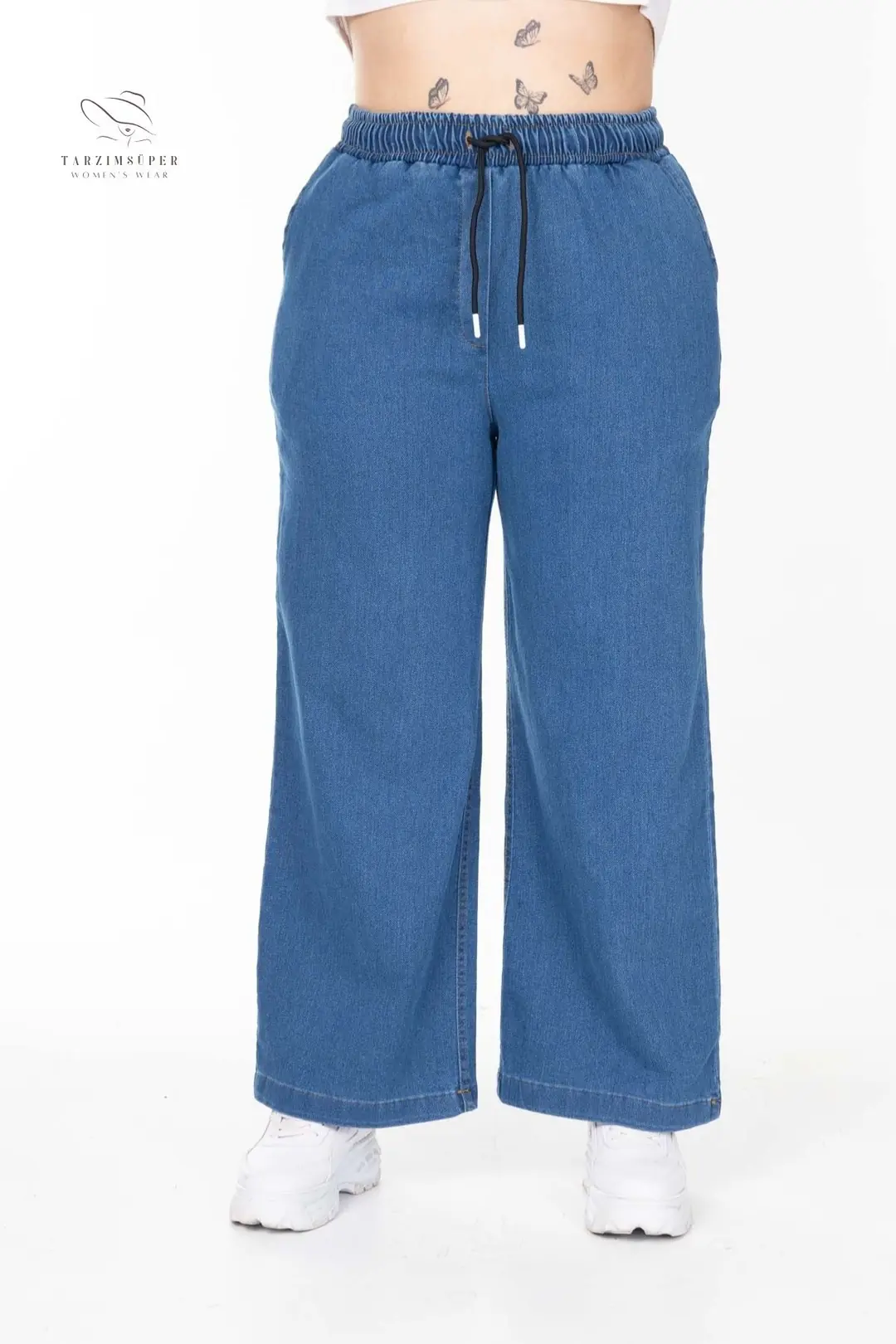Büyük Beden Beli Lastikli Konfor Modeli Bol Paça Yüksek Belli Yumuşak Doku Jeans Kot Pantolon