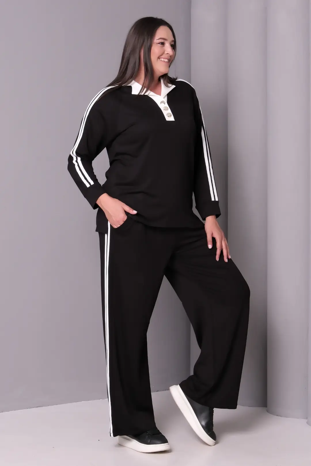 Kadın Büyük Beden Beli Lastikli Polo Yaka Cepli Spor Günlük Eşofman Takımı