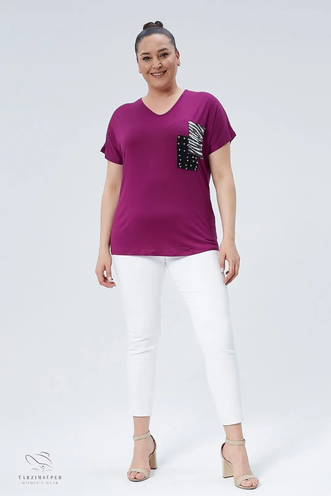 Büyük Beden Cep Detaylı Kısa Kollu V Yaka Penye Tunik T-Shirt - Rahat Konfor Modeli