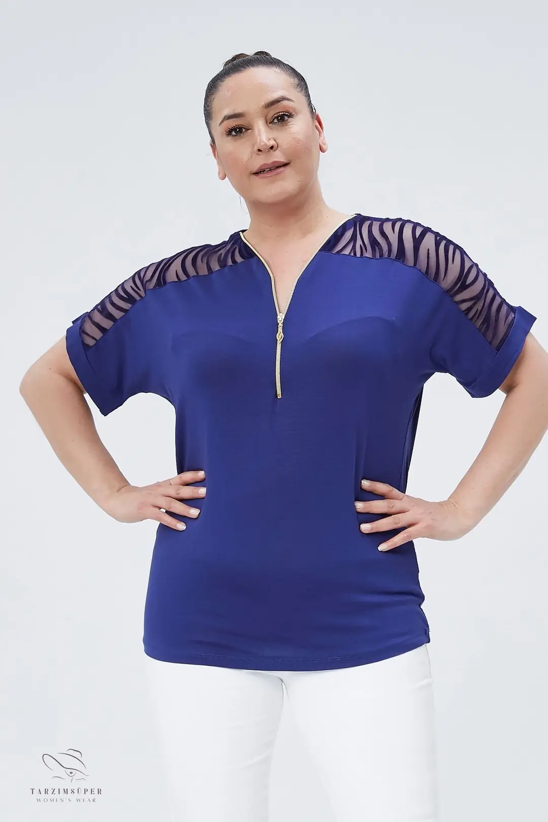 Büyük Beden Transparan Kollu Fermuarlı Kısa Kollu Penye Tunik T-Shirt - Şık Konfor Modeli