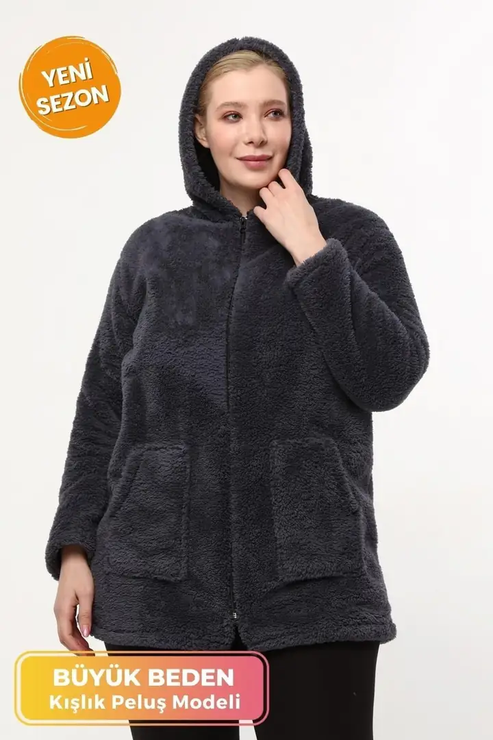 Büyük Beden Sıcak Tutan Peluş Sweat Fermuarlı Kapüşonlu 2 Cepli Örme Peluş Polar Sweatshirt - Antrasit Gri