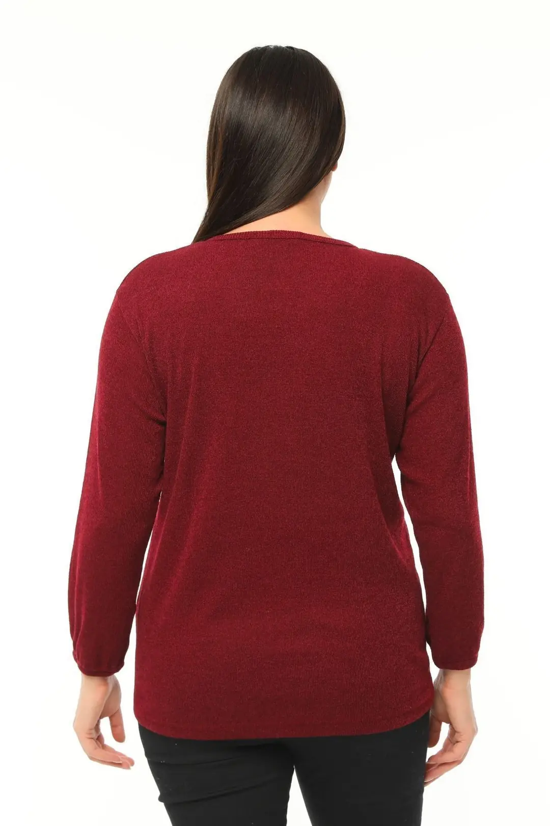 Büyük Beden Kadın Bordo Yaka Detaylı Yumuşak Triko Bluz  Kolu Lastikli Plus Size