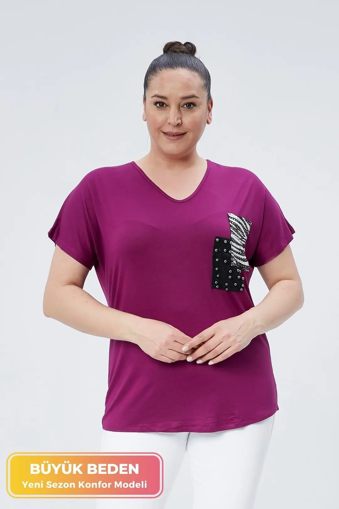 Büyük Beden Cep Detaylı Kısa Kollu V Yaka Penye Tunik T-Shirt - Rahat Konfor Modeli