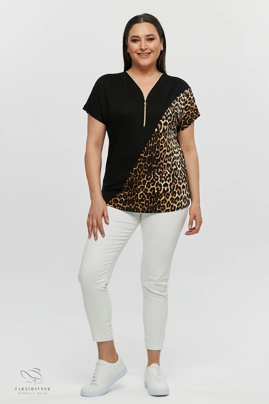 Büyük Beden Fermuarlı Çapraz Leoparlı Kısa Kollu Penye Tunik T-Shirt - Şık Konfor Modeli