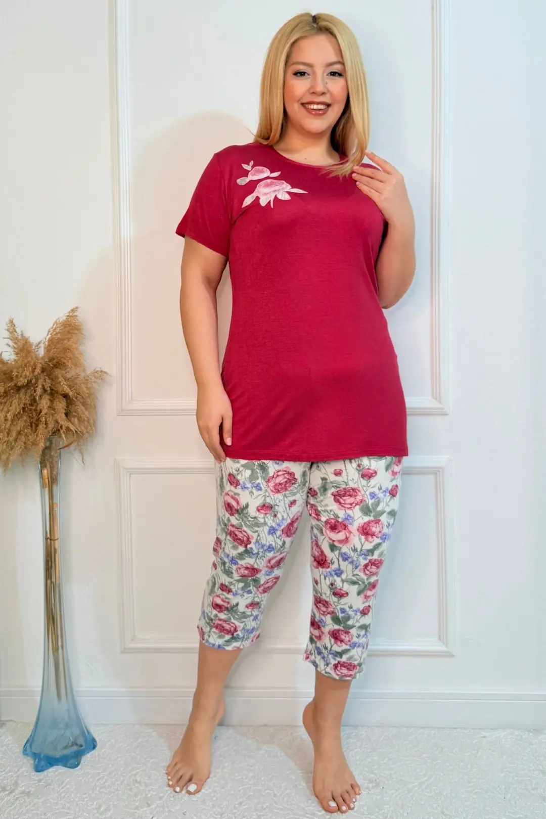  Büyük Beden Beli Lastikli Konfor Modeli Viskon Pamuklu Kadın Kapri Pijama Takım