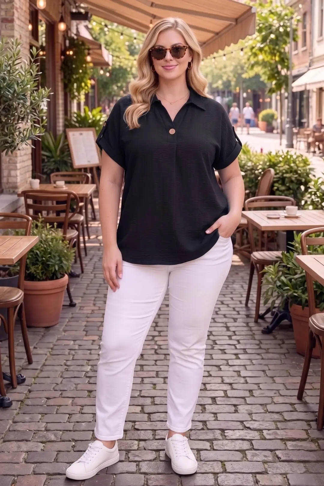 Kadın Büyük Beden Siyah Polo Yaka Düğmeli Kol Gömlek Bluz - Konforlu Yazlık Büyük Beden Bluz Modelleri