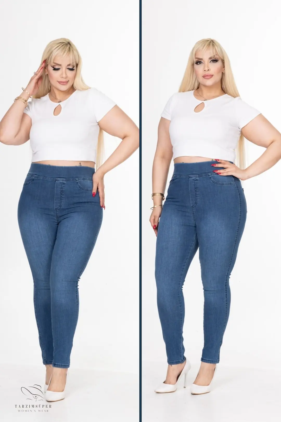 Büyük Beden Full Likralı Esnek Konfor Modeli Beli Lastikli Toparlayıcı Yüksel Bel Tayt Kot Pantolon
