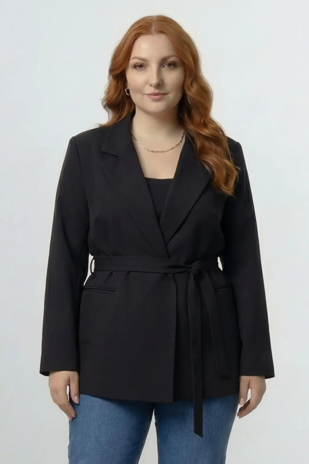 Premium Seri Kadın Büyük Beden Oversize Kuşaklı Blazer Ceket Siyah – Astarlı Şık Model