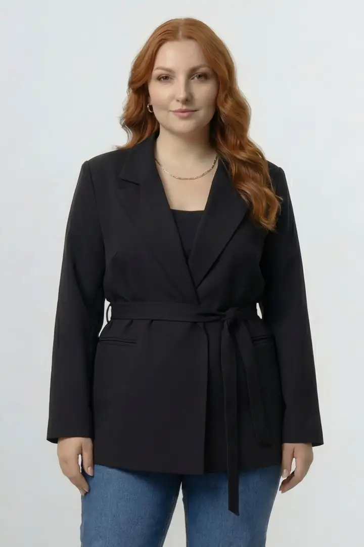 Premium Seri Kadın Büyük Beden Oversize Kuşaklı Blazer Ceket Siyah – Astarlı Şık Model - Siyah