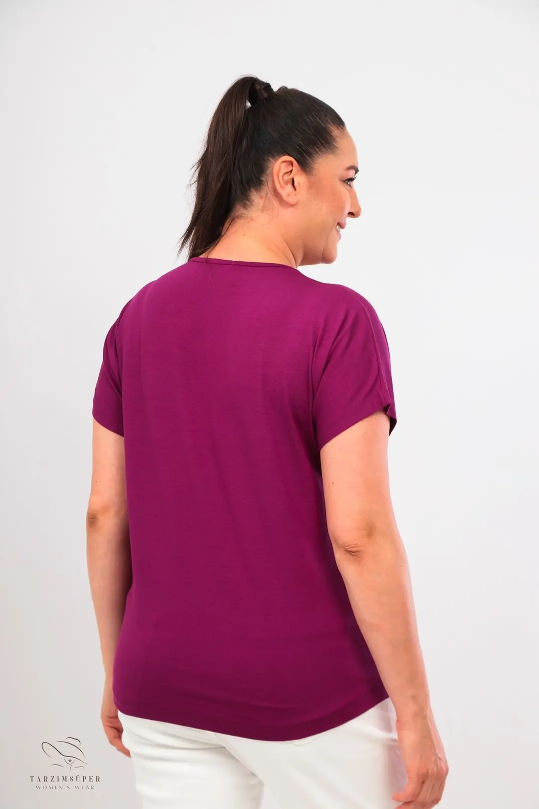 Büyük Beden Şerit Pul Desenli Kısa Kollu V Yaka Penye Tunik T-Shirt - Rahat Konfor Modeli
