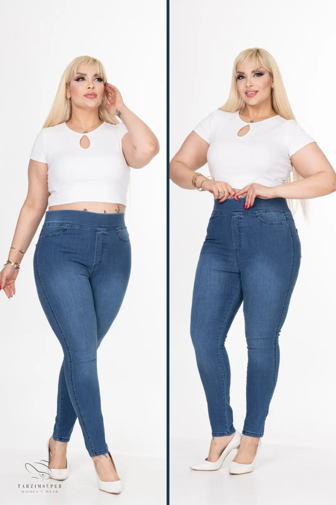 Büyük Beden Full Likralı Esnek Konfor Modeli Beli Lastikli Toparlayıcı Yüksel Bel Tayt Kot Pantolon