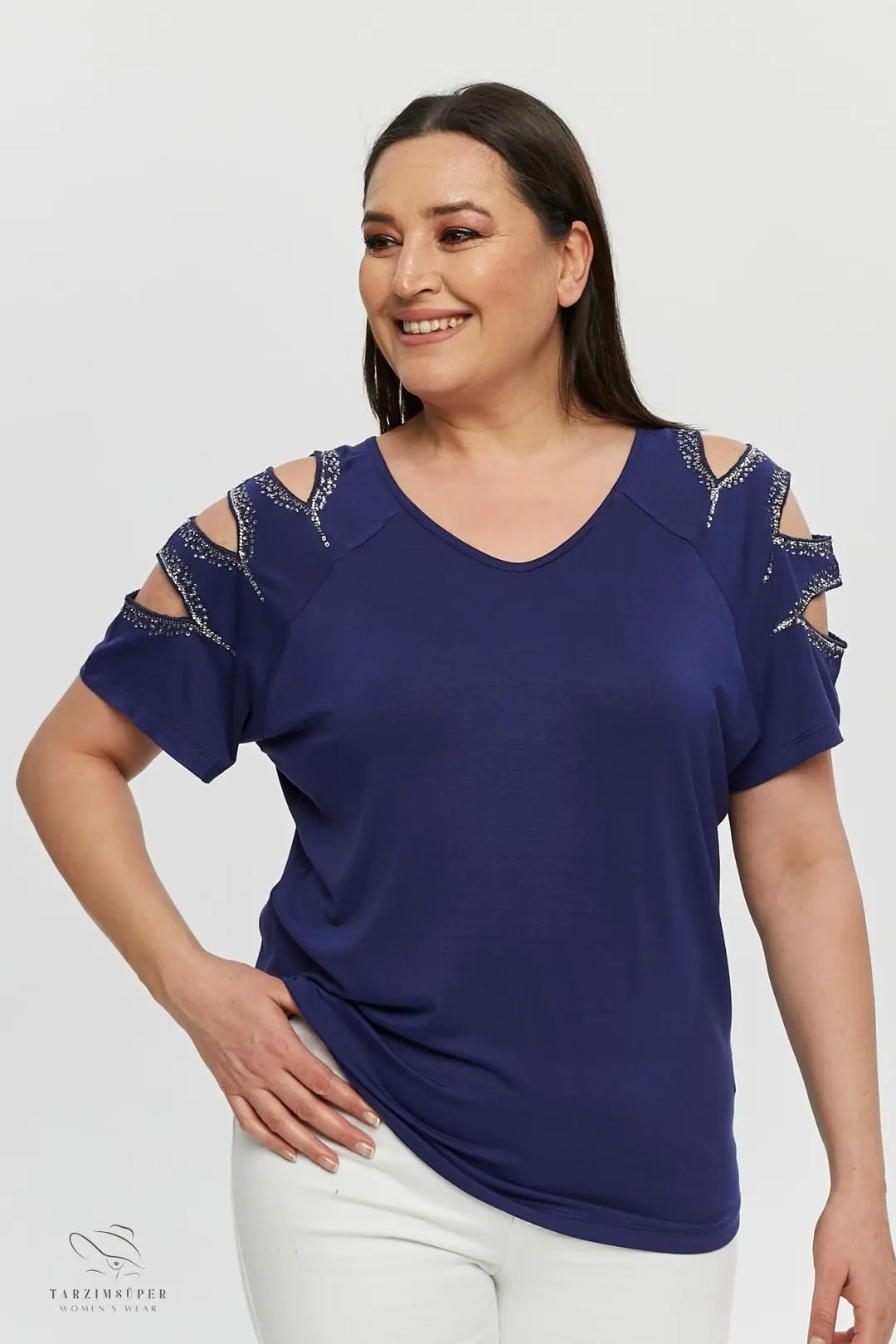 Lacivert Büyük Beden Pullu Kollu V Yaka Penye Tunik T-Shirt - Şık Konfor Modeli