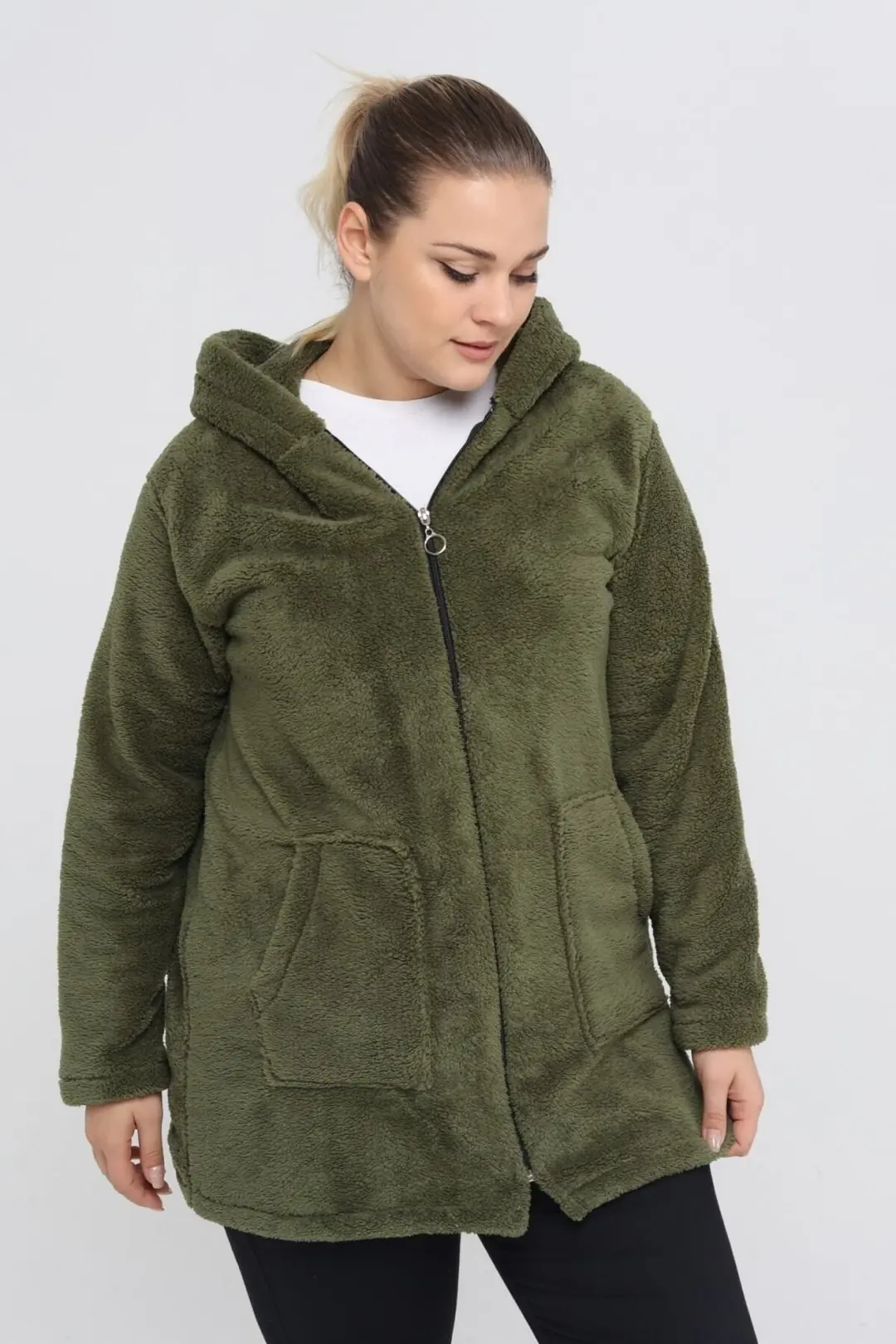 Büyük Beden Sıcak Tutan Peluş Sweat Fermuarlı Kapüşonlu 2 Cepli Örme Peluş Polar Sweatshirt