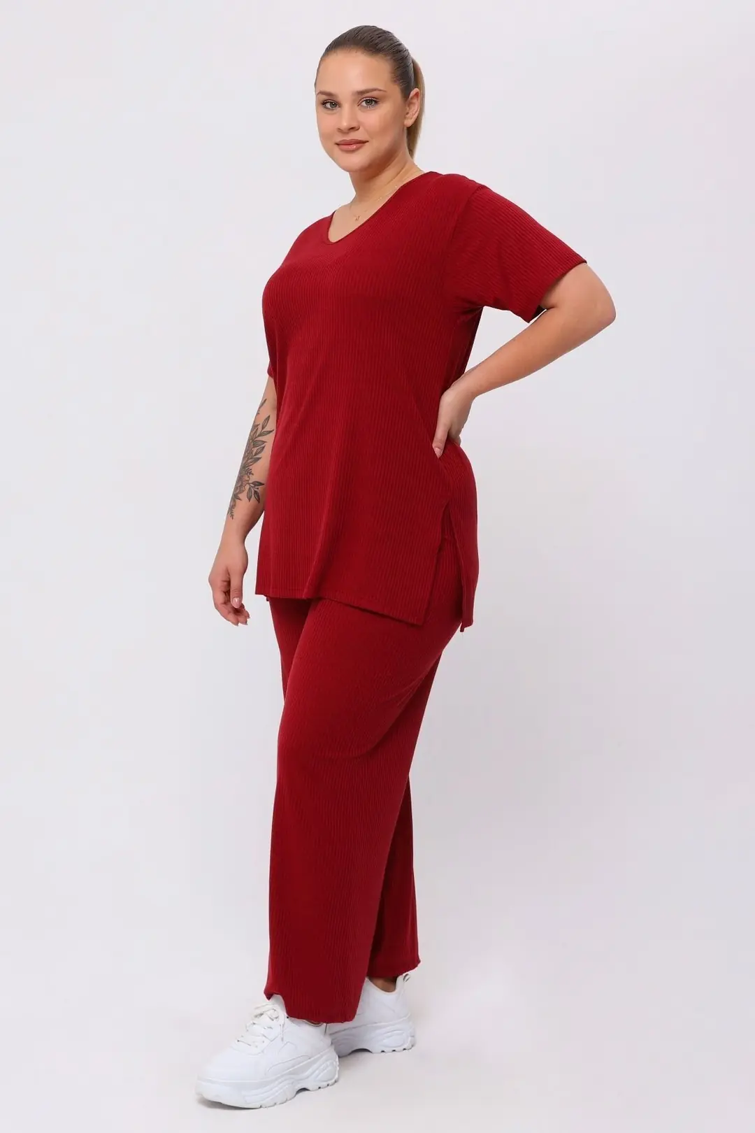 Büyük Beden Yandan Yırtmaçlı Konfor Modeli Takım Pantolonlu Tunik 2'li Alt-üst Takım