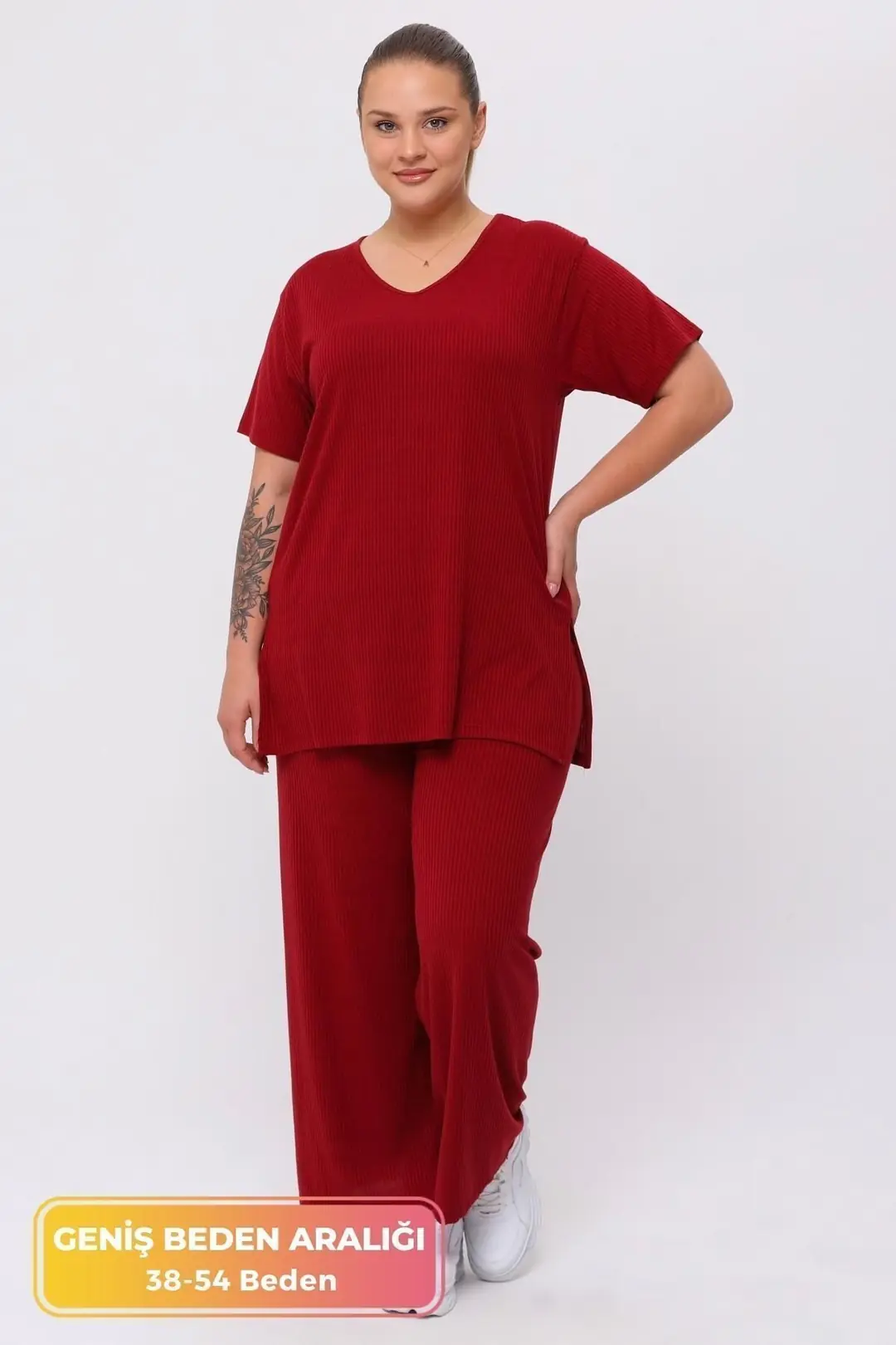 Büyük Beden Yandan Yırtmaçlı Konfor Modeli Takım Pantolonlu Tunik 2'li Alt-üst Takım