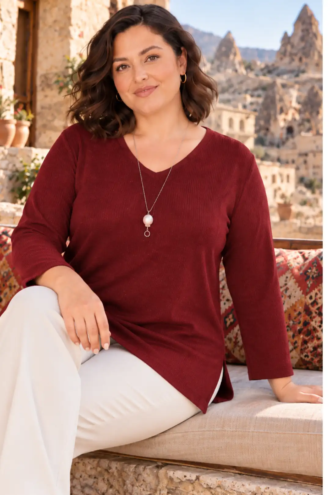 Büyük Beden Kadın V Yaka Kolye Hediyeli Yumuşak Dokulu Konfor Modeli Triko Kazak  Plus Size