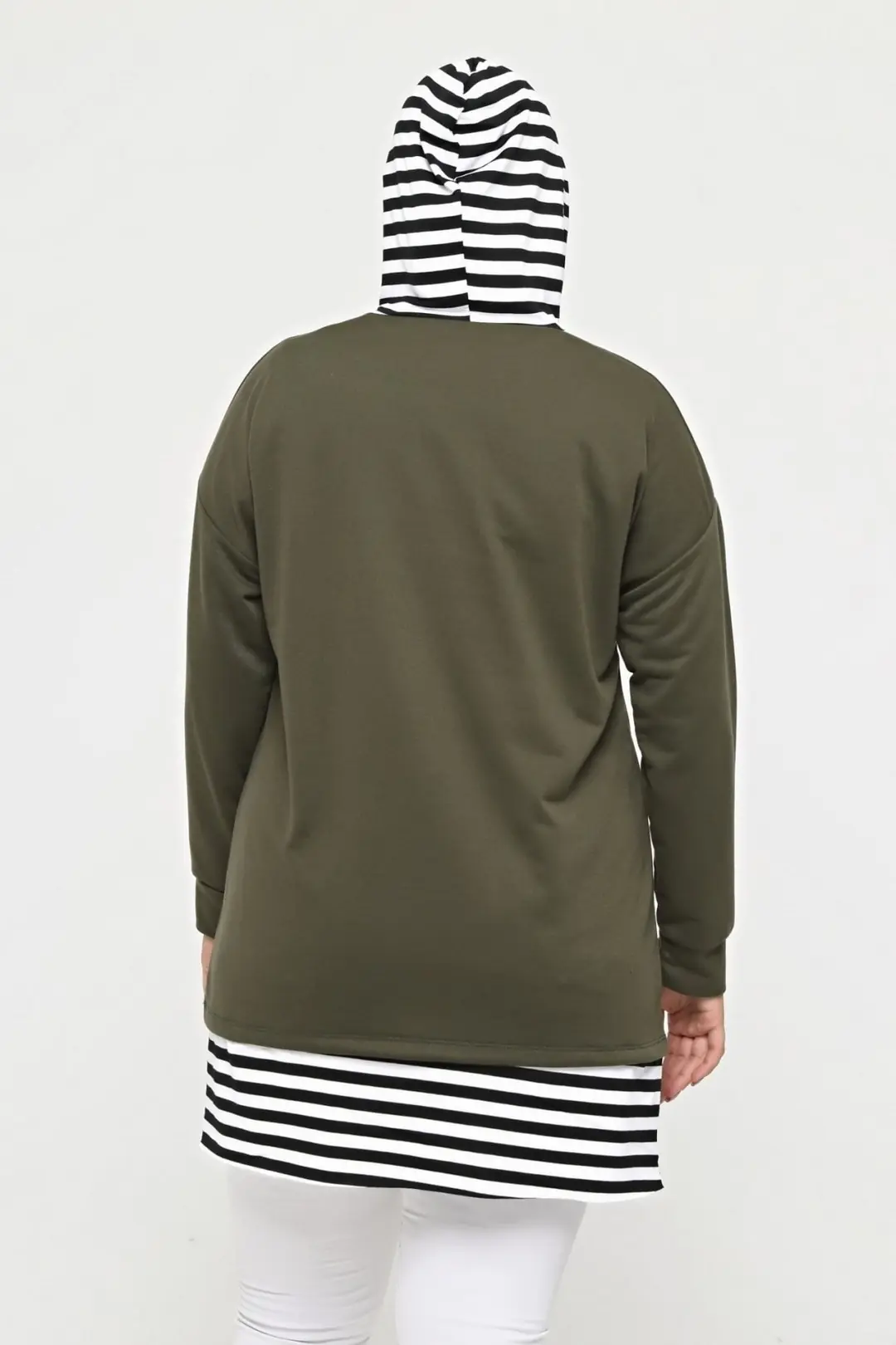 Büyük Beden %100 Pamuklu Baharlık Yanı Yırtmaçlı Konfor Modeli Çizgi Detaylı Kapüşonlu Sweatshirt