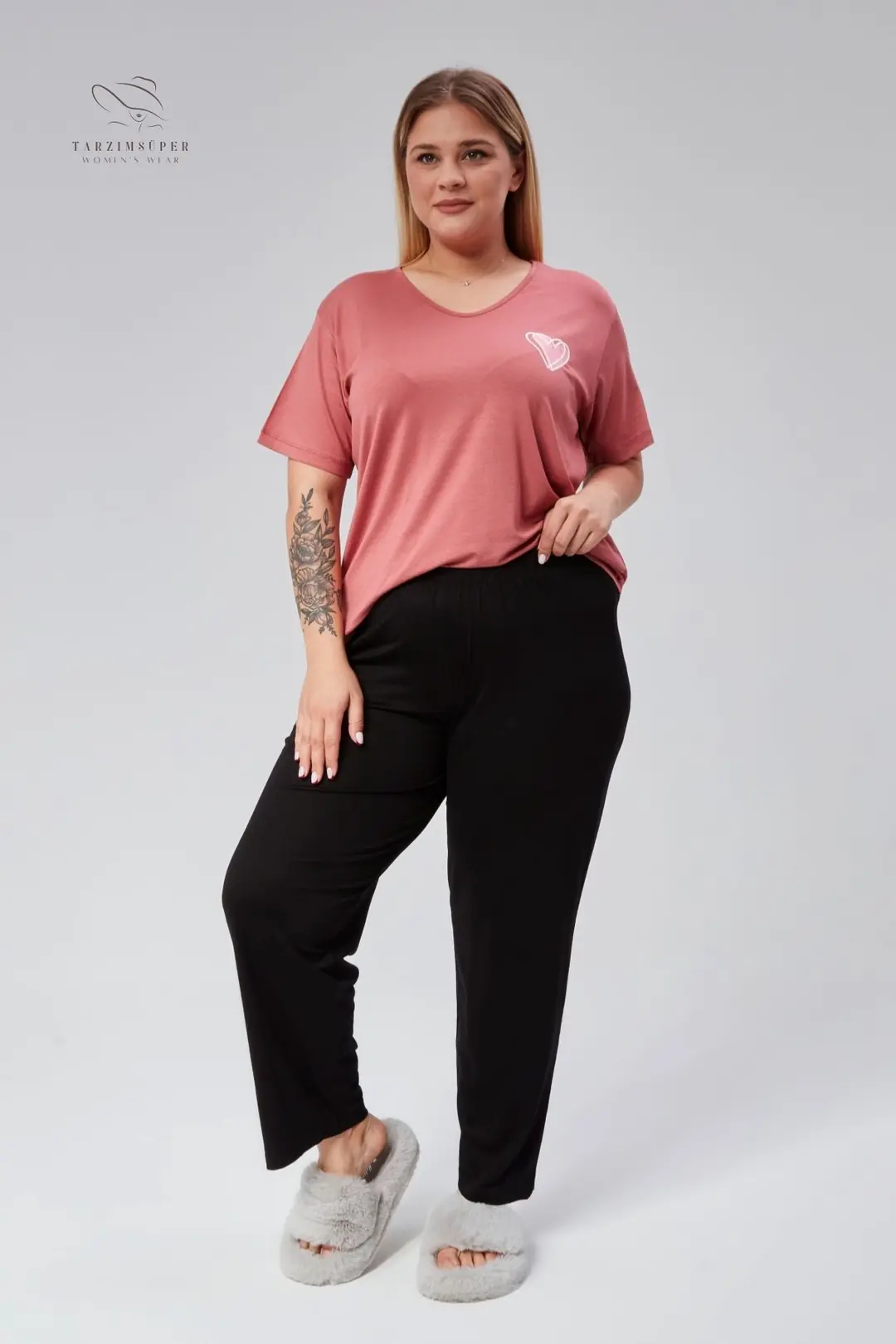 Büyük Beden  Lüks Pijama Takımı Beli Lastikli Konfor Modeli Viskon Pamuklu Kadın Pijama Takım