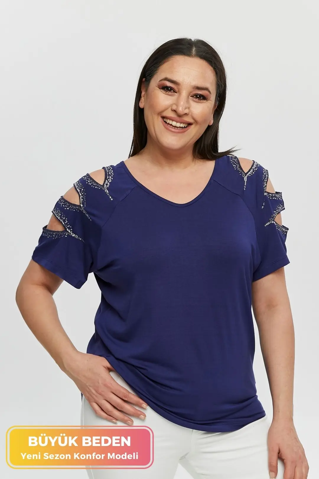 Lacivert Büyük Beden Pullu Kollu V Yaka Penye Tunik T-Shirt - Şık Konfor Modeli